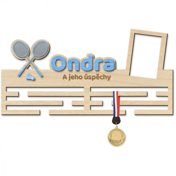 Věšák na medaile s rámečkem pro badmintonisty Vešiak na medaile badminton - s menom, veľký, s fotorámikom
