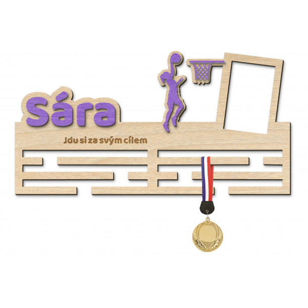 Basketbalový věšák na Vaše medaile s rámečkem Vešiak na medaily basketbal - pre ženu, s menom, veľký, s fotorámikom