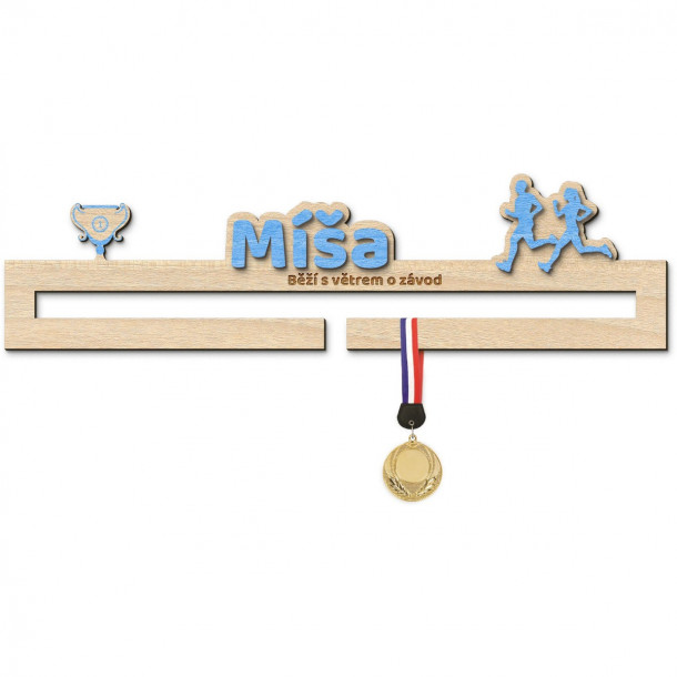 Věšák na medaile pro úspěchy v běhání s vlastním jménem a mottem pro začínající sportovce Vešiak na medaily v behanie so siluetami bežcov - s menom, stredný