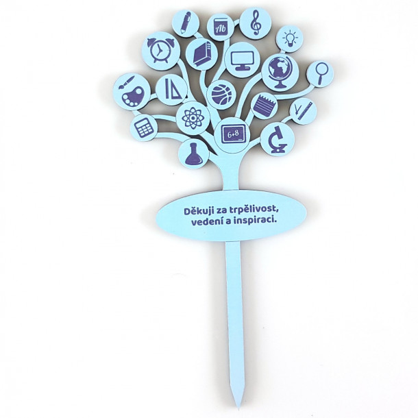Zápich do kvetináča v tvare stromu a školskými motívmi napríklad ako darček učiteľke